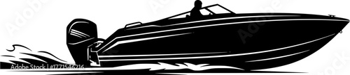 Motor Boat Silhouette – Black Vector Illustration, Speedboat, Outboard Engine, Watercraft, Marine Vehicle, Sailing, Transportation, Nautical Design, Clipart, Editable Vector.