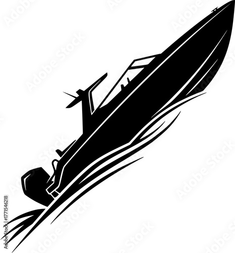 Motor Boat Silhouette – Black Vector Illustration, Speedboat, Outboard Engine, Watercraft, Marine Vehicle, Sailing, Transportation, Nautical Design, Clipart, Editable Vector.