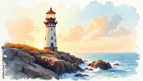 Wallpaper Mural a beacon of hope: A solitary lighthouse stands tall on a rocky coast, its light guiding ships through the sea at dusk. The serene scene evokes a sense of tranquility and safety. Torontodigital.ca