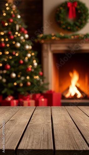 Cozy christmas interior with rustic wooden table offering copy space, creating a warm festive atmosphere for seasonal product displays or holiday promotions