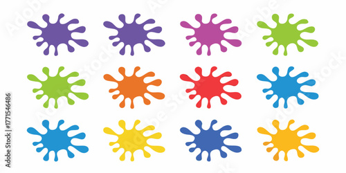 Collection of twelve colorful paint splatters in a grid formation on a white background