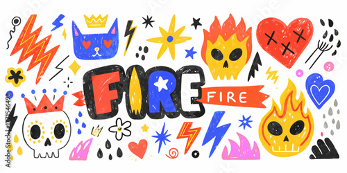Vibrant hand drawn doodle art featuring the word fire surrounded by skulls hearts and lightning bolts