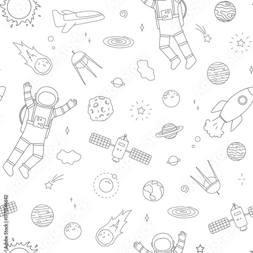 Seamless pattern with space line art, rocket, astronaut and stars. Doodle hand drawn illustrations, repeating backdrop