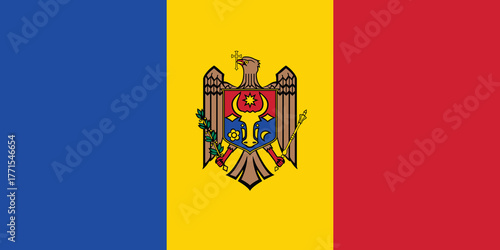 The national flag of Moldova consists of three vertical stripes of blue, yellow, and red, with the national coat of arms displayed in the center of the yellow band. The flag symbolizes independence, s
