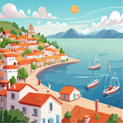 Illustration of a serene Mediterranean coastal town with white buildings and orange roofs, sailboats in the bay, and mountains in the background under a sunny sky with fluffy clouds.