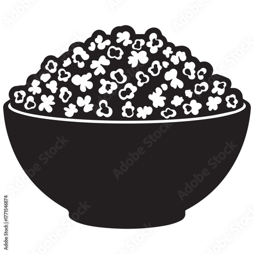 Black and white illustration of a bowl overflowing with popcorn