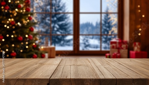 Wooden table foreground with blurry christmas tree and festive gifts inside a rustic house, looking out a window at a snowy winter forest scene at holiday time copy space