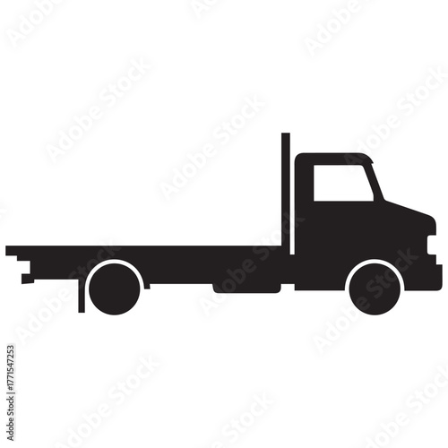 Silhouette of a flatbed truck with a single cab