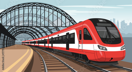 Modern Red Train Arriving at the Station Transportation and Urban Travel Illustration