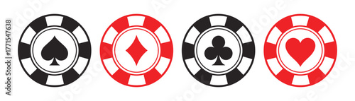 Poker chips color icons vector set. Playing poker concept. Isolated Casino poker chip logo.