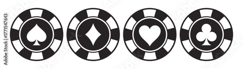 Poker chips color icons vector set. Playing poker concept. Isolated Casino poker chip logo. Poker symbols.