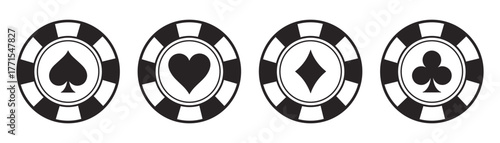 Poker chips color icons vector set. Playing poker concept. Isolated Casino poker chip logo. Poker symbols.