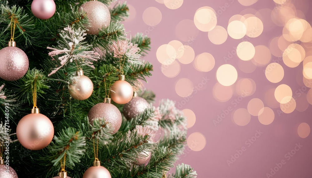Obraz premium Christmas tree decorated with a mix of pastel pink and rose gold ornaments and faux snow accents, creating a festive holiday background with soft bokeh lights and copy space