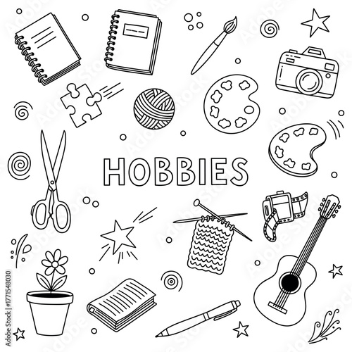 Art and craft hobbies: creative tools and activities in a fun doodle design