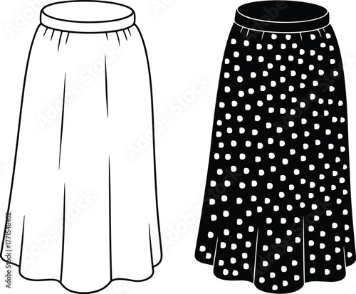 Vector illustration of two midi skirts side by side, one plain white and one black with polka dot pattern for fashion design