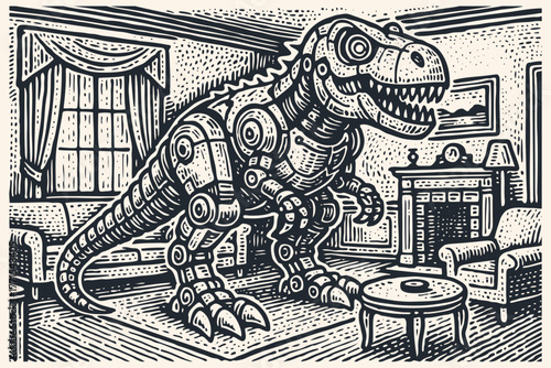 A giant robot T-Rex dinosaur standing in a vintage living room. Surreal vector illustration in a retro woodcut or engraving style.