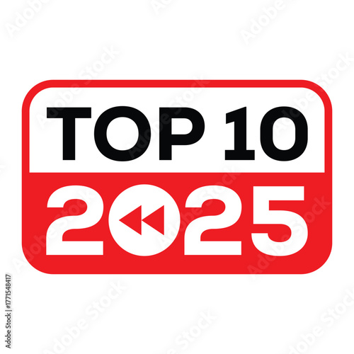 Top 10 Events vector badge or banner design. Bold black and white "PLAY" text over a white area, with white "2025" text on a red background. Features rounded corners. Great for list and ranking