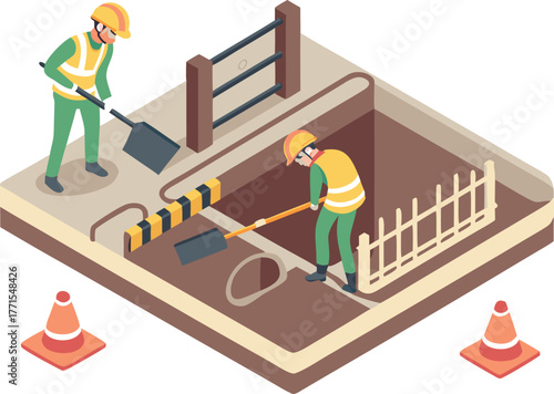 Maintenance team fixing broken water pipeline under city street, surrounded by cones, barricades, and repair tools, isometric cartoon illustration.