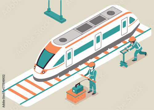 Train repair and maintenance workshop scene with technicians learning and collaborating, isometric isolated vector.