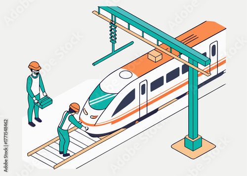 Train maintenance training scene with engineer supervising mechanic working on engine components, isometric vector style.