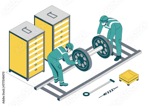 Engineer supervising mechanic during routine check-up and maintenance of electric train engine motor, isometric isolated vector.