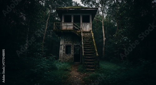 Abandoned Wooden Treehouse in a Dark, Overgrown Forest.
