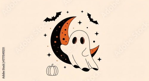 Minimalist Halloween artwork featuring a ghost, moon, bats, and small pumpkin