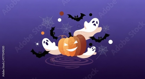 Modern Halloween graphic with a central pumpkin, floating ghosts, and dark bats