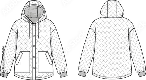 Hooded quilted jacket, diamond stitch, ribbed cuff, patch pockets, button front, fashion sketch, cad drawing flat vector illustration