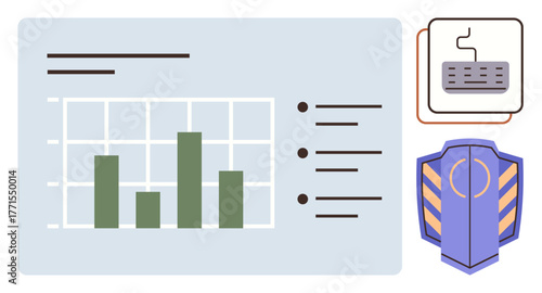 Bar chart and bullet points represent analytics. Keyboard symbolizes digital tools, shield ensures security. Ideal for business, analysis, technology, digital protection, data visualization