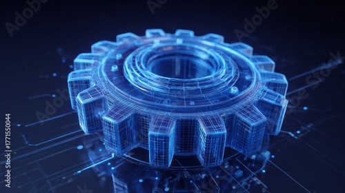 Holographic blueprint rendering of a mechanical cogwheel glows with brilliant blue light