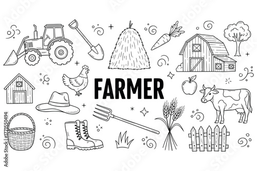 Black and white farm illustration with equipment, animals, and barn