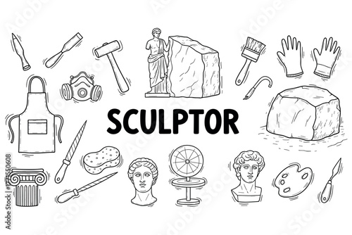 Sculptor tools and classical statues: a black and white illustration
