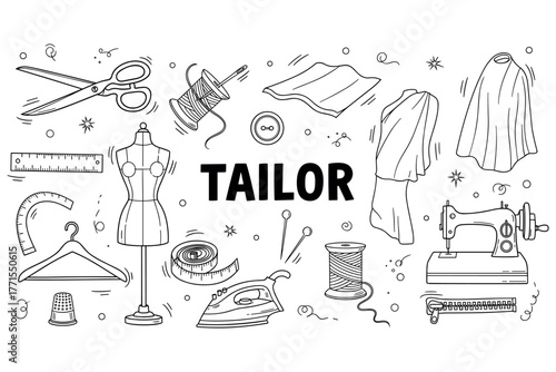 Tailoring essentials: sewing tools, fabric, and dressmaking equipment illustration