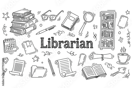 Library essentials: books, glasses, calendar, magnifying glass, and more in doodle style