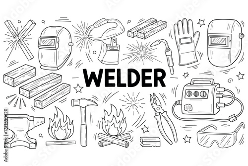Welder tools and equipment sketch: helmet, gloves, torch, pliers, workshop