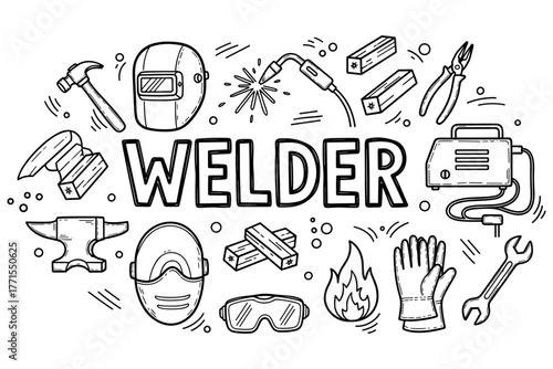 Welder tools and equipment illustration with safety gear and fire icon