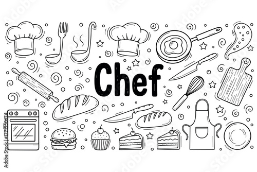 Chef-themed doodle art featuring kitchen utensils and food elements