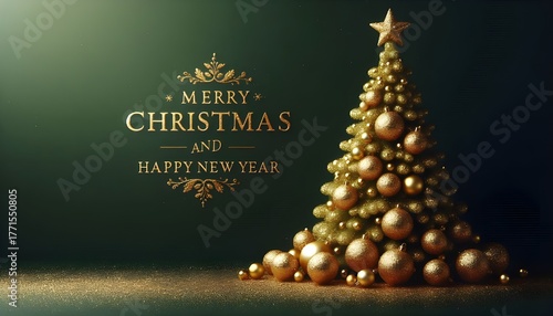 Beautiful golden abstract chritmas tree with decortion and text on a dark green background