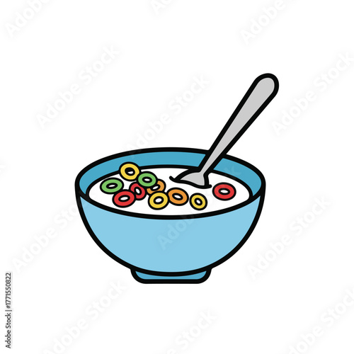 A colorful cartoon illustration of a light blue bowl filled with milk multicolored ringshaped cereal and a spoon.