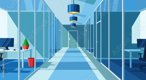 Modern Office Corridor with Glass Partitioned Rooms and Geometric Lighting Fixtures in Minimalist Design