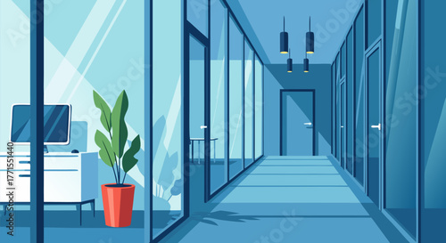 Contemporary Office Corridor Design with Plant and Workspace, Enhancing Productivity
