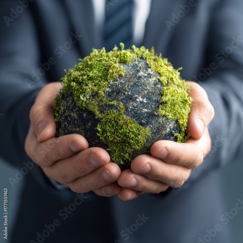 Close-up of a businessman in a suit gently holding a moss-covered Earth model, representing environmental responsibility, sustainability, and ecological awareness