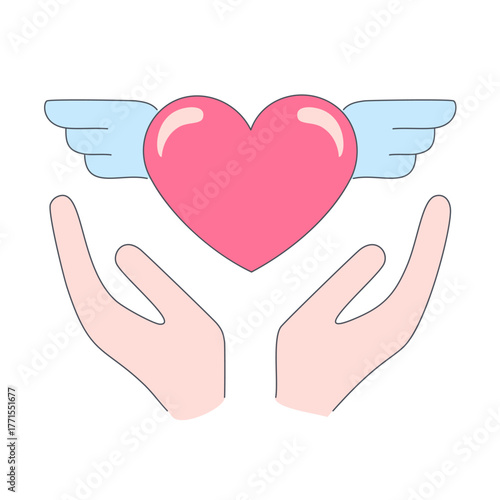 Hands supporting the heart with wings. Minimalistic vector illustration about caring and protection. The concept of love, friendship, healing, help or support, intimacy and caring. Outline illustratio