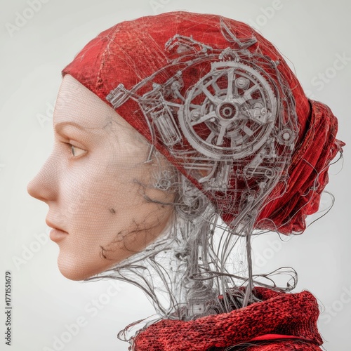 Artistic side profile of a woman with transparent skin revealing mechanical gears and wires, wearing a red scarf, blending human and machine