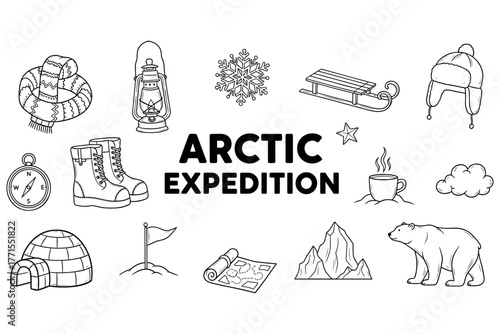 Arctic expedition icons collection: winter adventure symbols in black and white