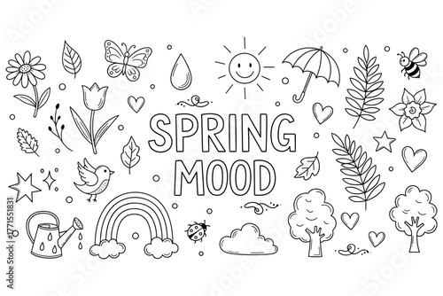Spring mood doodles: flowers, trees, sun, birds, and more