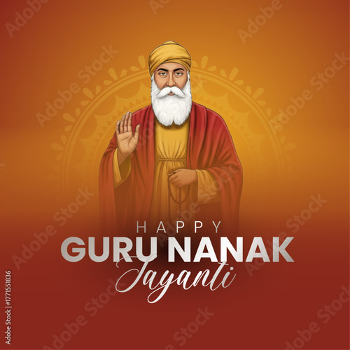 Guru Nanak Jayanti Vector Illustration with Spiritual Background and Blessing Pose