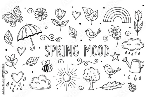 Hand-drawn spring mood doodle with nature elements and joyful symbols