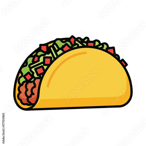 Stylized cartoon taco icon with a crunchy yellow shell meat lettuce and diced tomatoes.